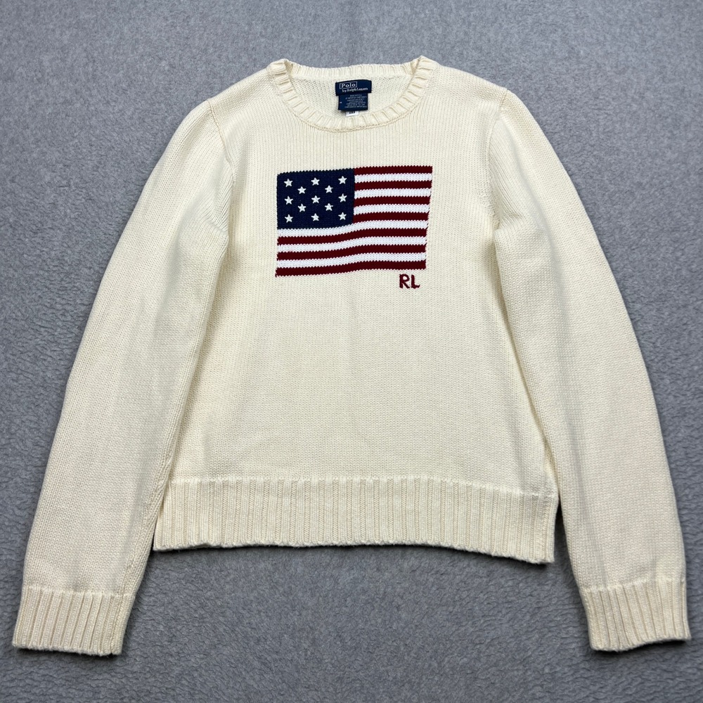 Polo Ralph Lauren Iconic Flag Sweater Womens Medium Cream American Intarsia Knit